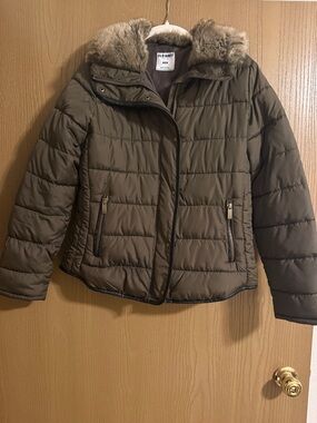 Old Navy Olive Green Puffer Jacket with Faux Fur Trim